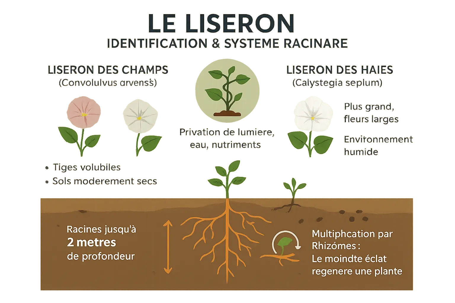 Comment se débarrasser du liseron Schéma détaillé du liseron montrant son système racinaire profond et ses rhizomes étendus