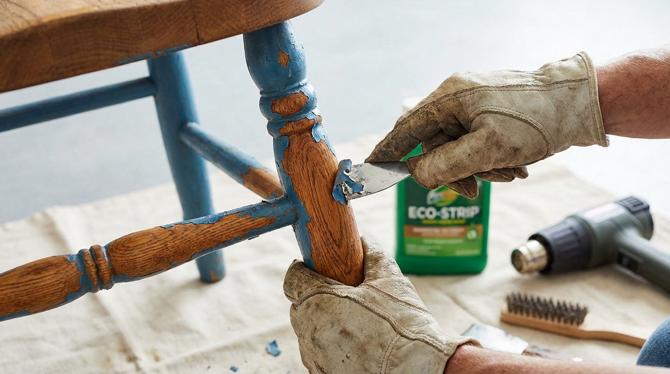 Préparation pour décaper la peinture sur bois avec outils et protections