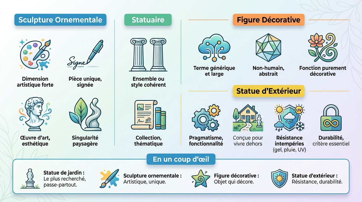 statue jardin Infographie expliquant les nuances entre statue de jardin, sculpture ornementale et figure décorative