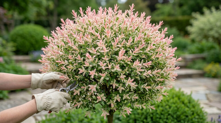 Taille du saule crevette avec feuillage rose et blanc au printemps