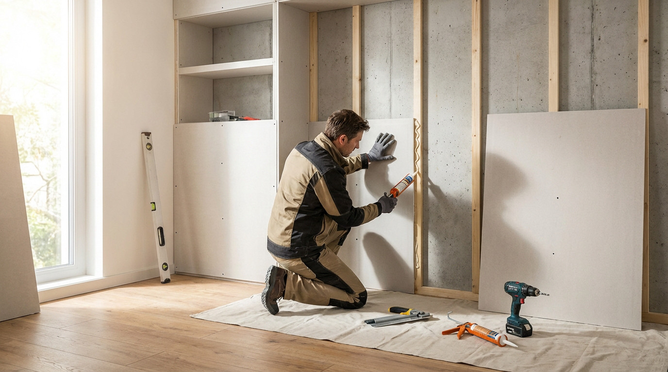 Coffrage placo sans rail installé dans une pièce étroite, illustrant une méthode de montage efficace.