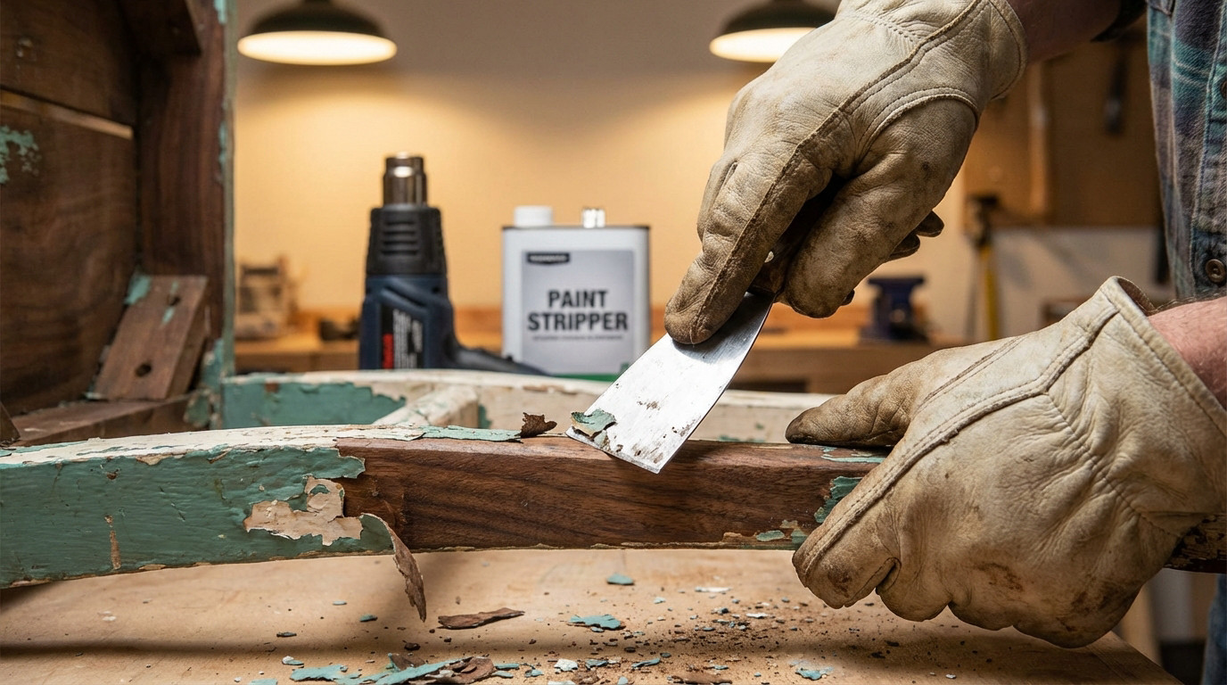 Décapage de peinture sur bois ancien avec décapant chimique et outils de protection