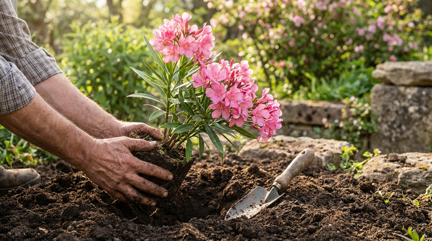 Close-up of hands planting a vibrant pink oleander with lush green leaves into dark soil in a sunlit garden, trowel nearby.