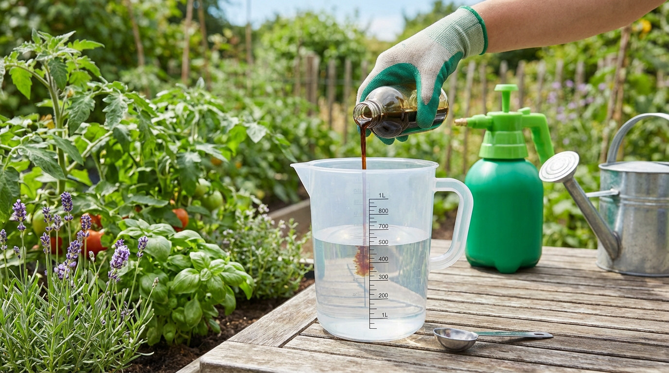 Close-up of gloved hand pouring dark plant care solution into 1L measuring jug with water. Garden tools and lush plants in background.