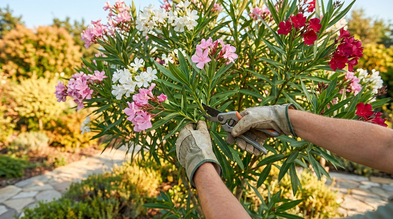 Close-up of gloved hands using pruning shears to trim a branch of a vibrant oleander bush with pink, white, and red flowers in a sunny garden.