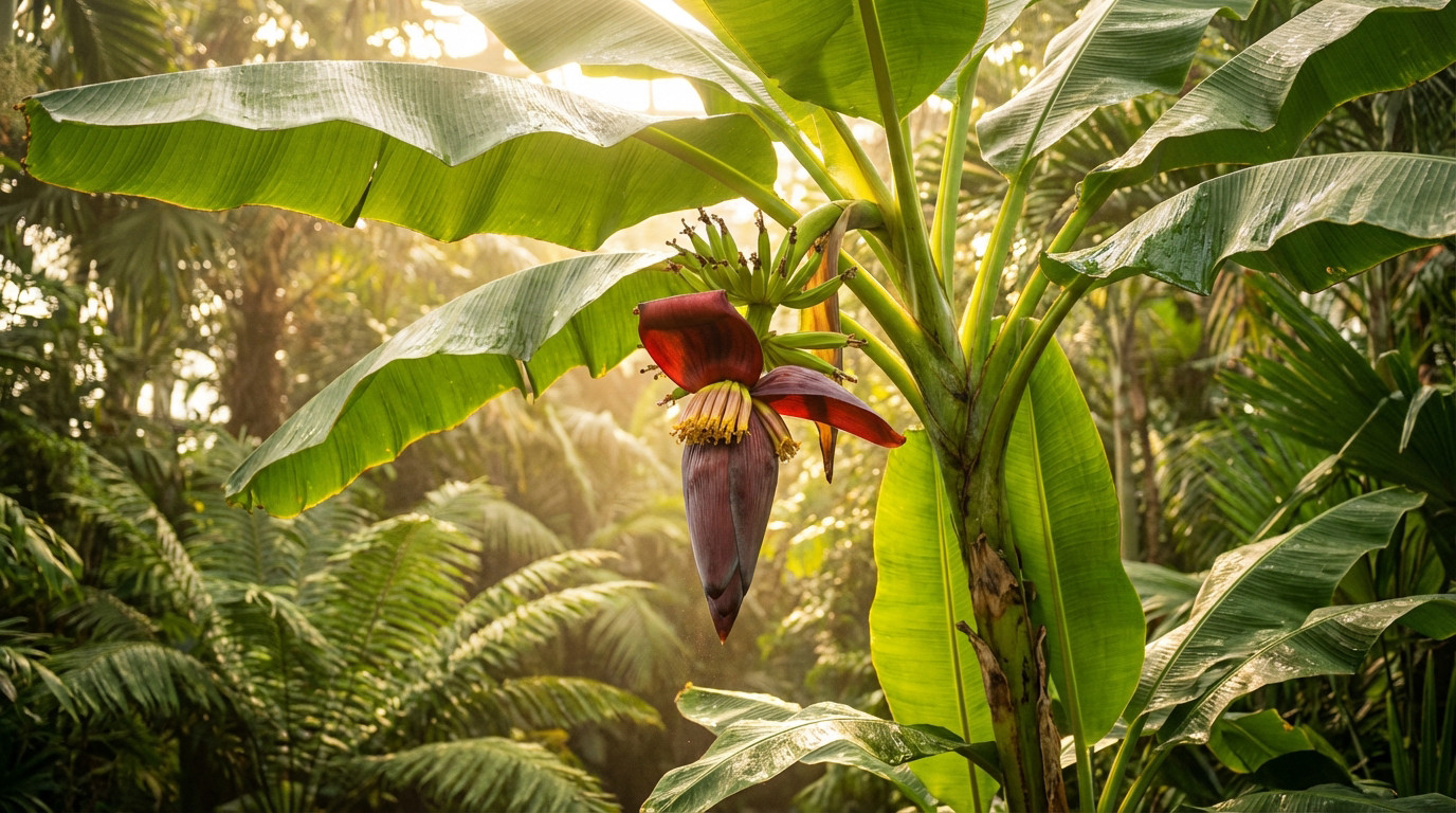 A vibrant reddish-purple banana flower blooms on a lush green banana tree in a sun-drenched tropical garden, bathed in golden light.