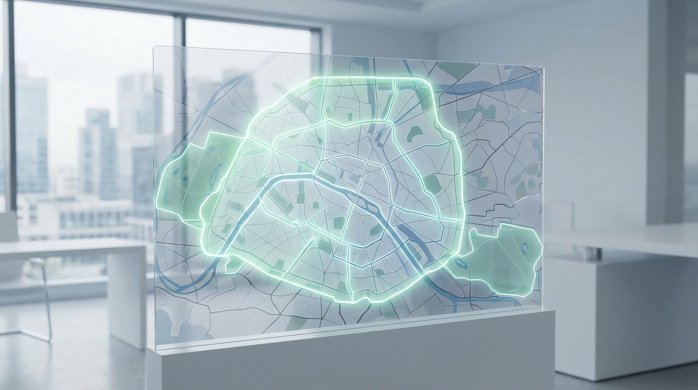 Transparent digital display shows a generic European city map with green and blue glowing 'safe' zones in a modern office.