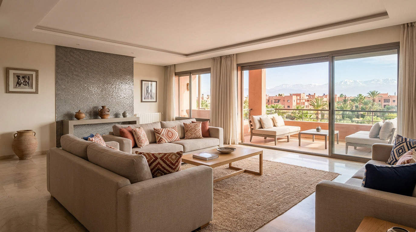 Modern Marrakech living room with patterned cushions, mosaic wall, and a balcony view of red buildings, palm trees, and Atlas mountains.