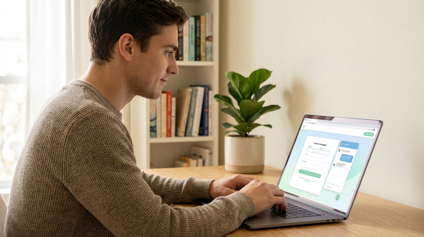Young man intently typing on a laptop displaying an online form/messaging in a bright, modern home. Bookshelf & plant in background.