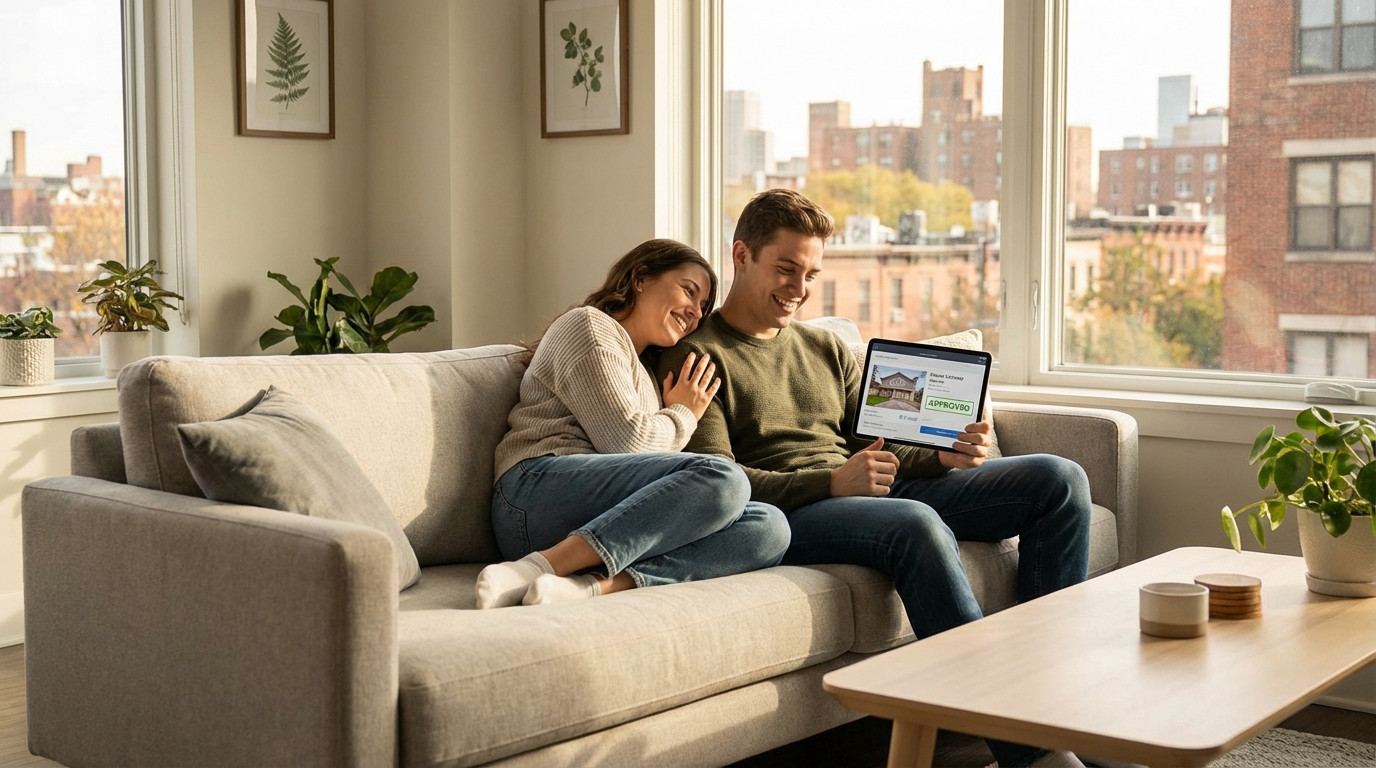 Smiling couple on a light-grey sofa, looking at a tablet displaying a housing approval. Warm light fills the modern living room with city views.