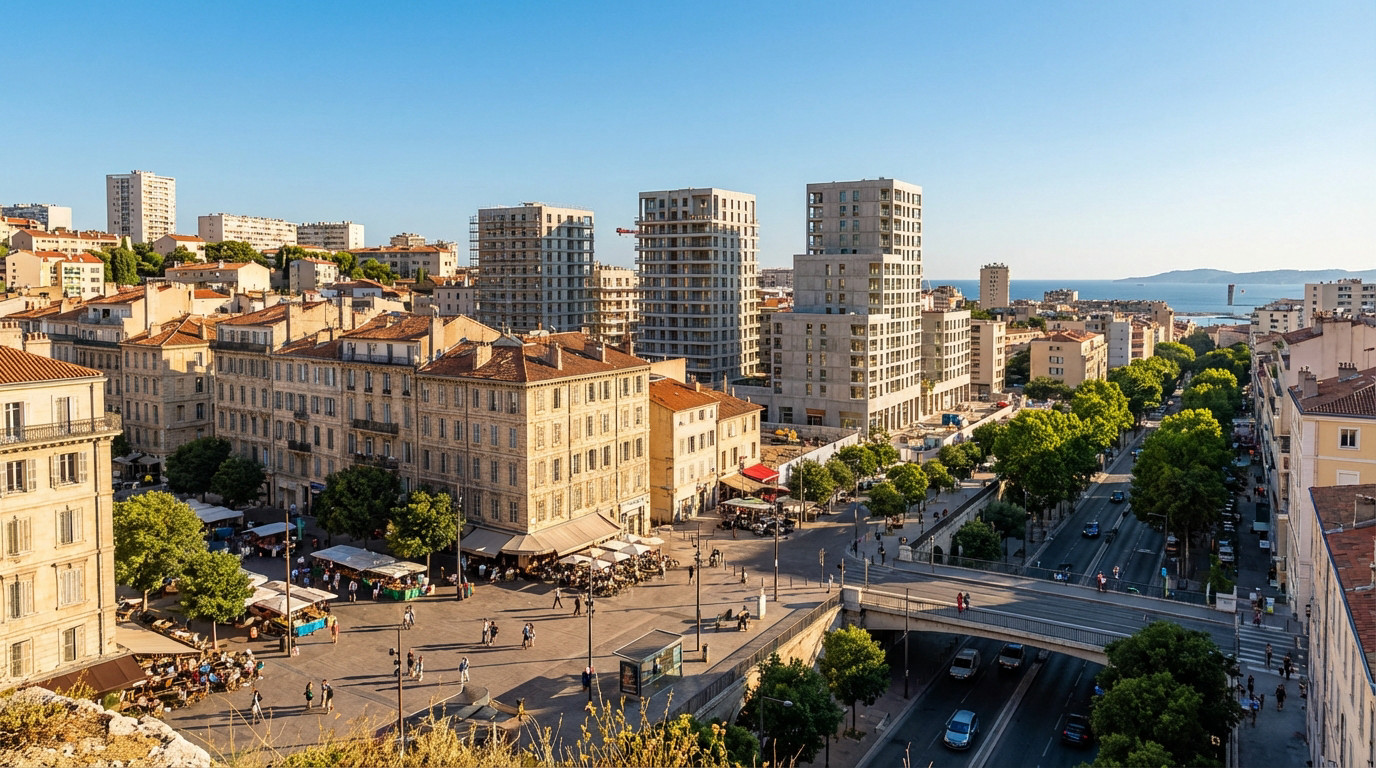 High-angle view of Marseille's urban landscape in late afternoon, showing traditional buildings, modern towers, bustling streets, and the Mediterranean Sea.