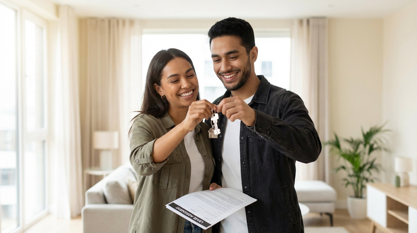 A happy young couple smiling and holding new keys and a lease agreement in a bright, modern new home interior.