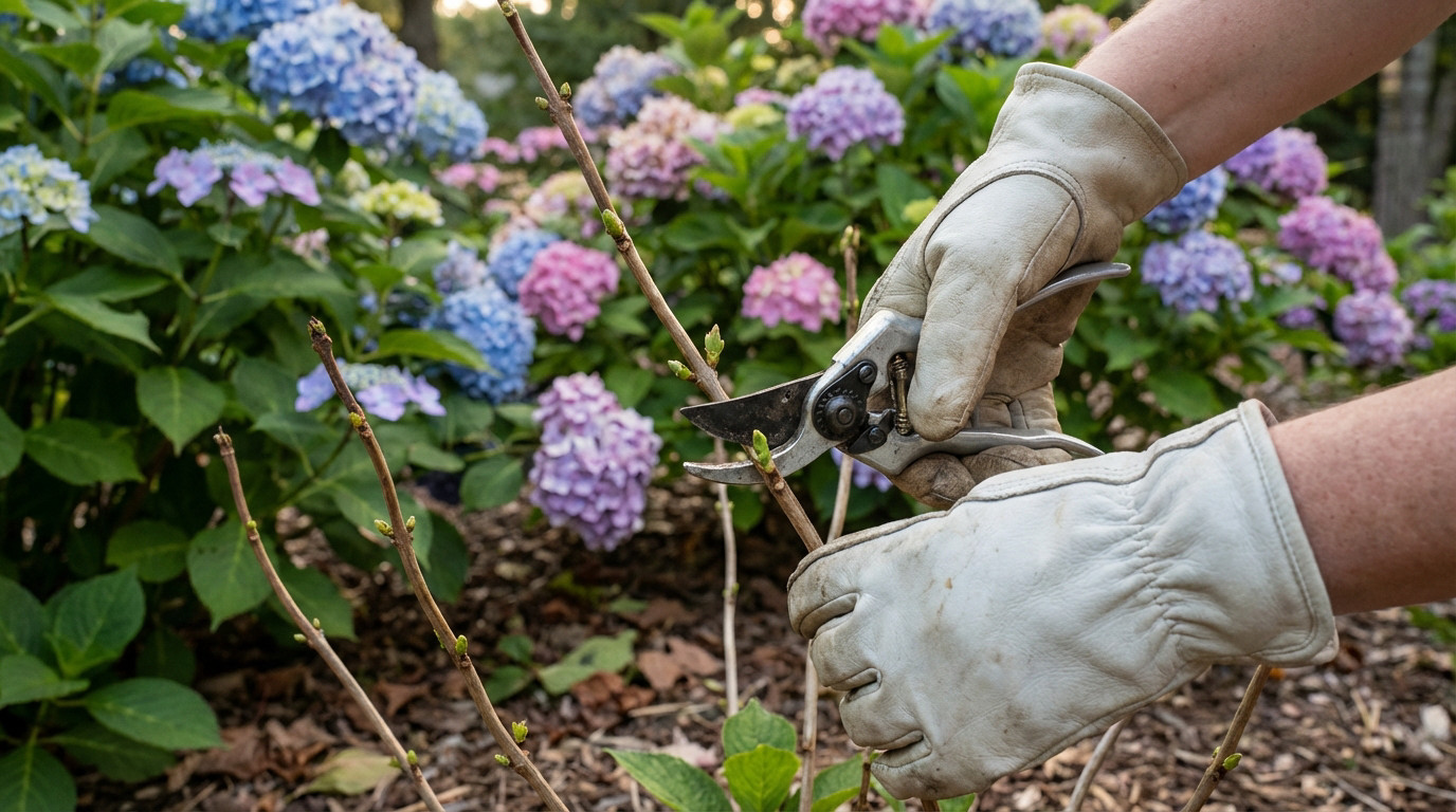 Hands in gardening gloves prune a budding hydrangea stem with silver secateurs. Lush blue, pink, and purple hydrangeas bloom in soft focus background, symbolizing growth.