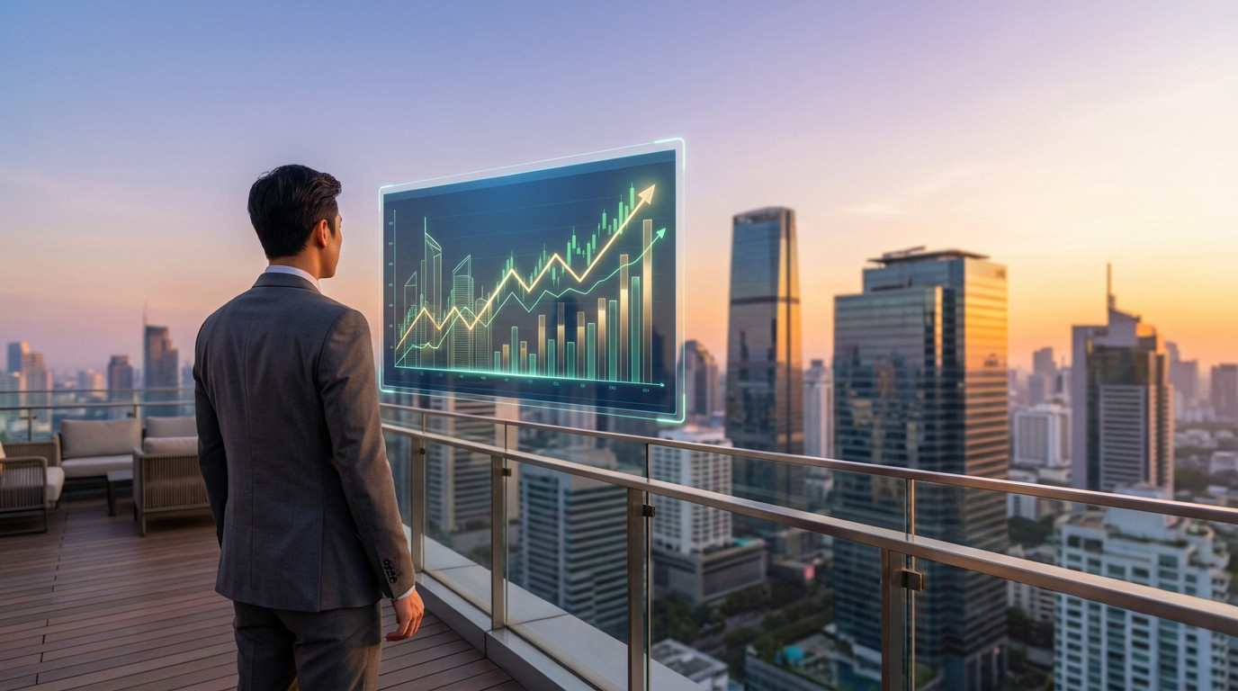Man in suit on rooftop terrace views holographic financial chart with upward trends, overlooking a modern city at golden hour.