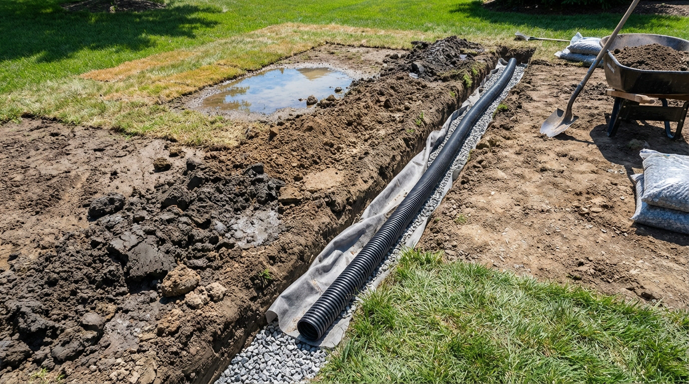 Suburban garden drainage work: a trench with a French drain pipe on gravel, surrounded by damp soil, a puddle, and green lawn.