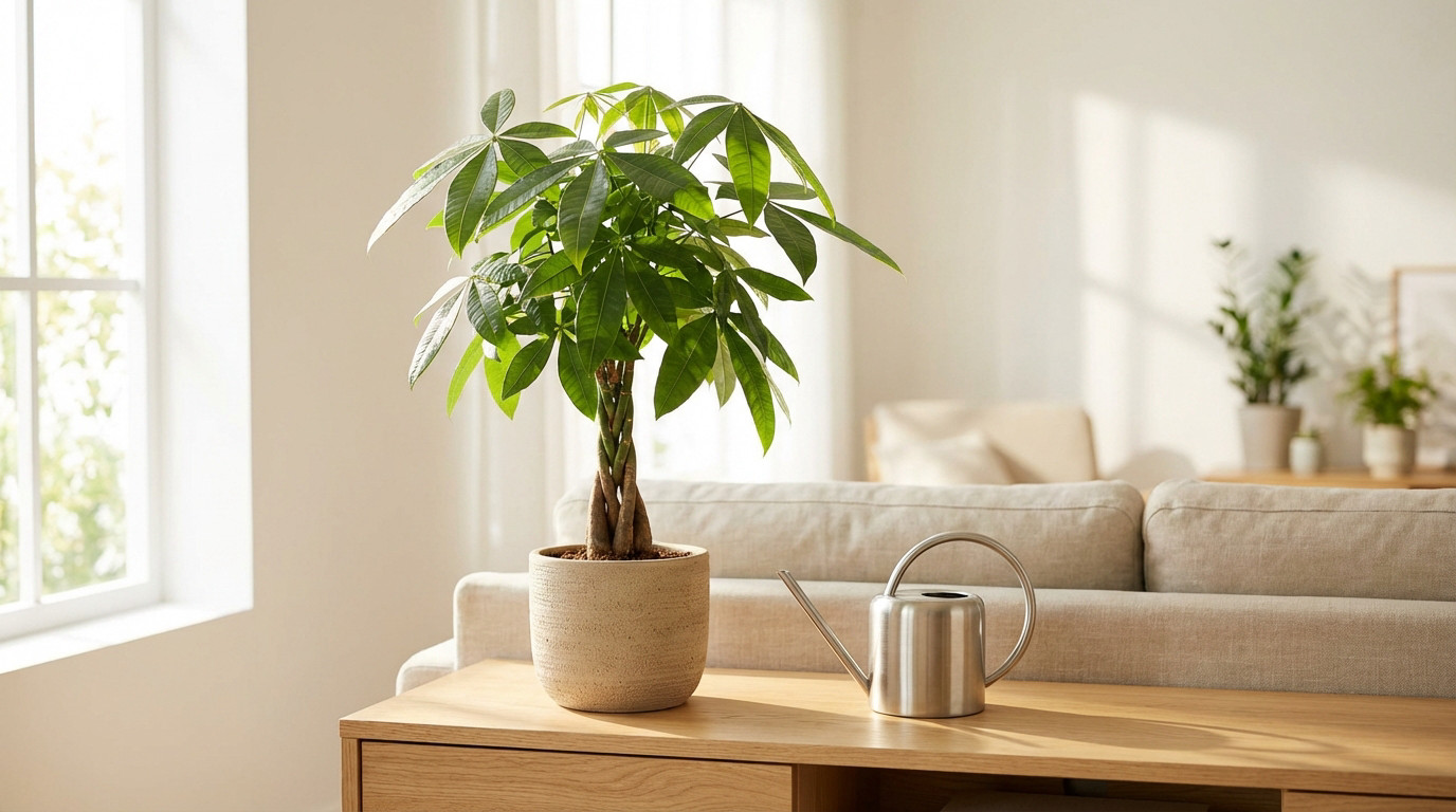 A vibrant money tree (Pachira aquatica) in a neutral pot sits on a wooden table, bathed in bright sunlight. A metal watering can is nearby in a minimalist home.