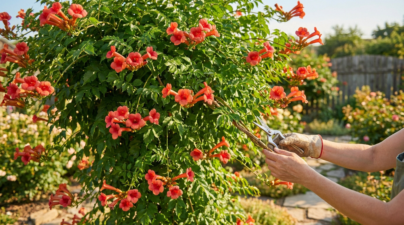 Hands with a glove prune a lush Trumpet Vine with abundant orange-red, trumpet-shaped flowers in a bright garden.