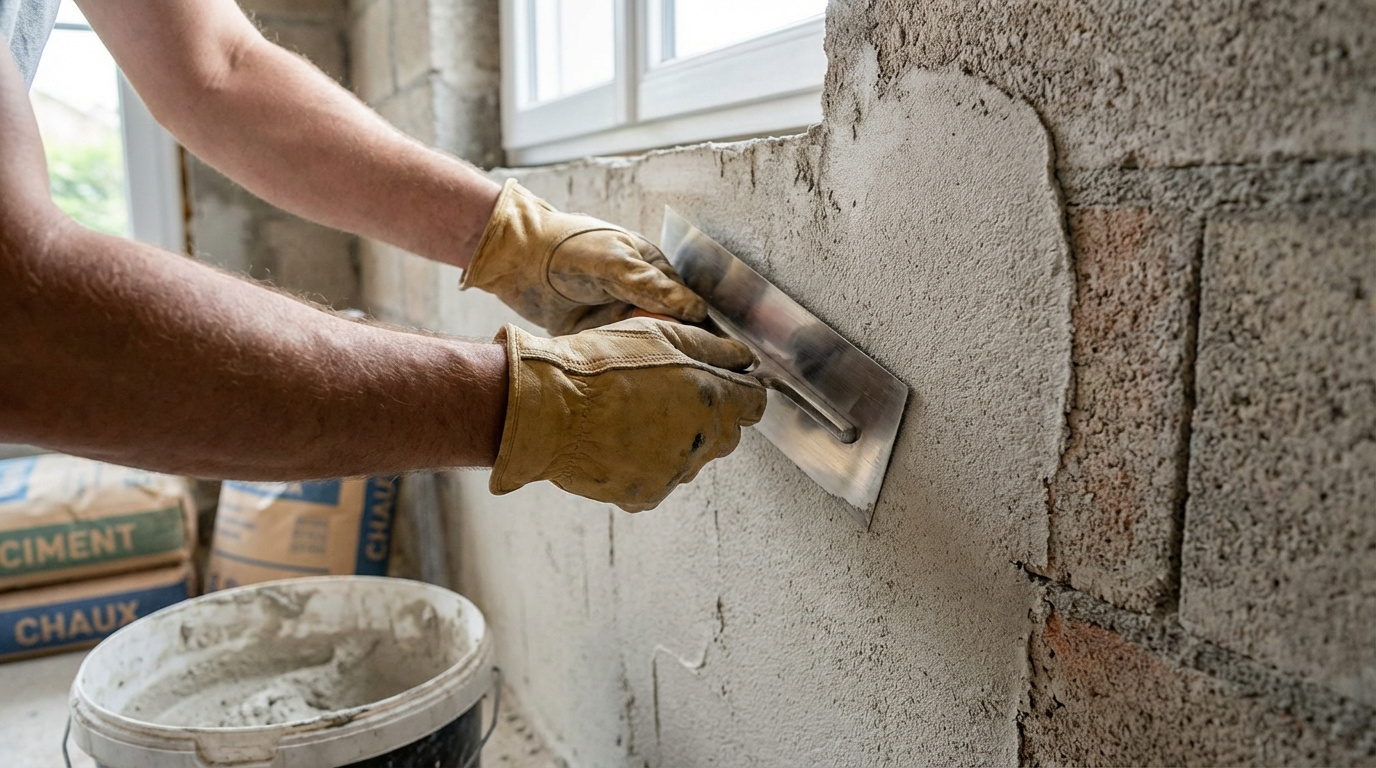 Gros plan sur des mains gantées appliquant un enduit ciment chaux gris sur un mur brut avec une truelle. Sacs de matériaux visibles.
