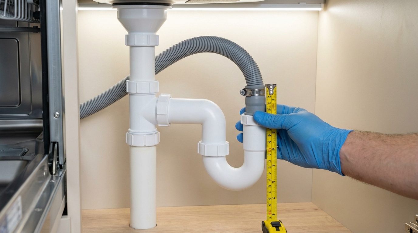 Détail du siphon et du raccordement d'évacuation d'un lave-vaisselle. Une main gantée bleue mesure la hauteur du tuyau gris.