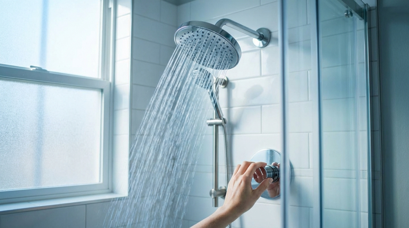 Une main ajuste le débit d'eau d'une douche moderne. L'eau coule, symbolisant la consommation et l'économie.