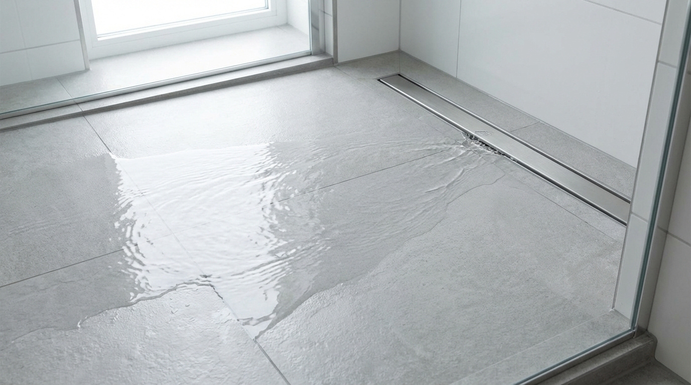 Eau s'écoulant vers un caniveau linéaire en acier inoxydable dans une douche carrelée grise, montrant une pente d'évacuation.