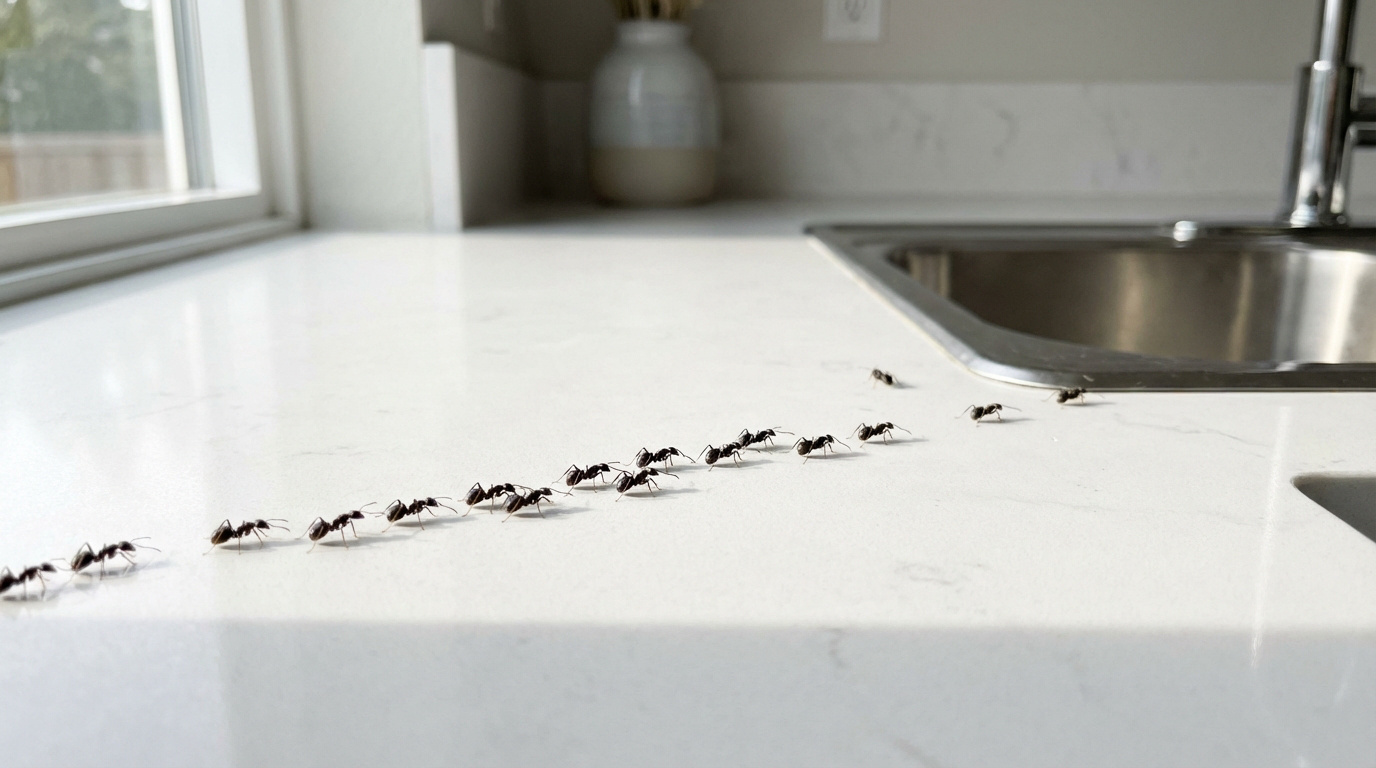 Une longue file de fourmis noires traverse un comptoir de cuisine blanc et propre, se dirigeant vers un évier en acier inoxydable.