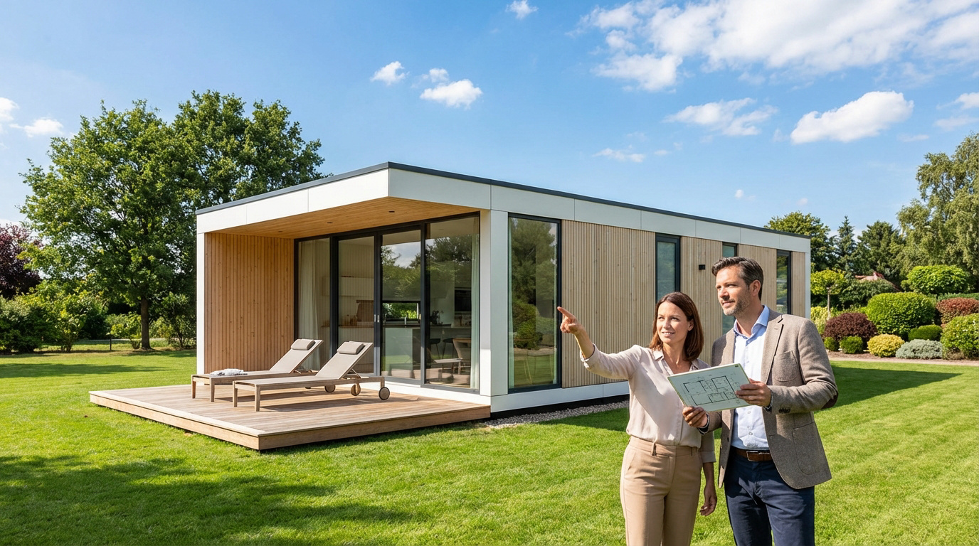 Couple devant une maison modulaire moderne en bois, sur un grand terrain vert, la femme pointe, l'homme tient des plans.
