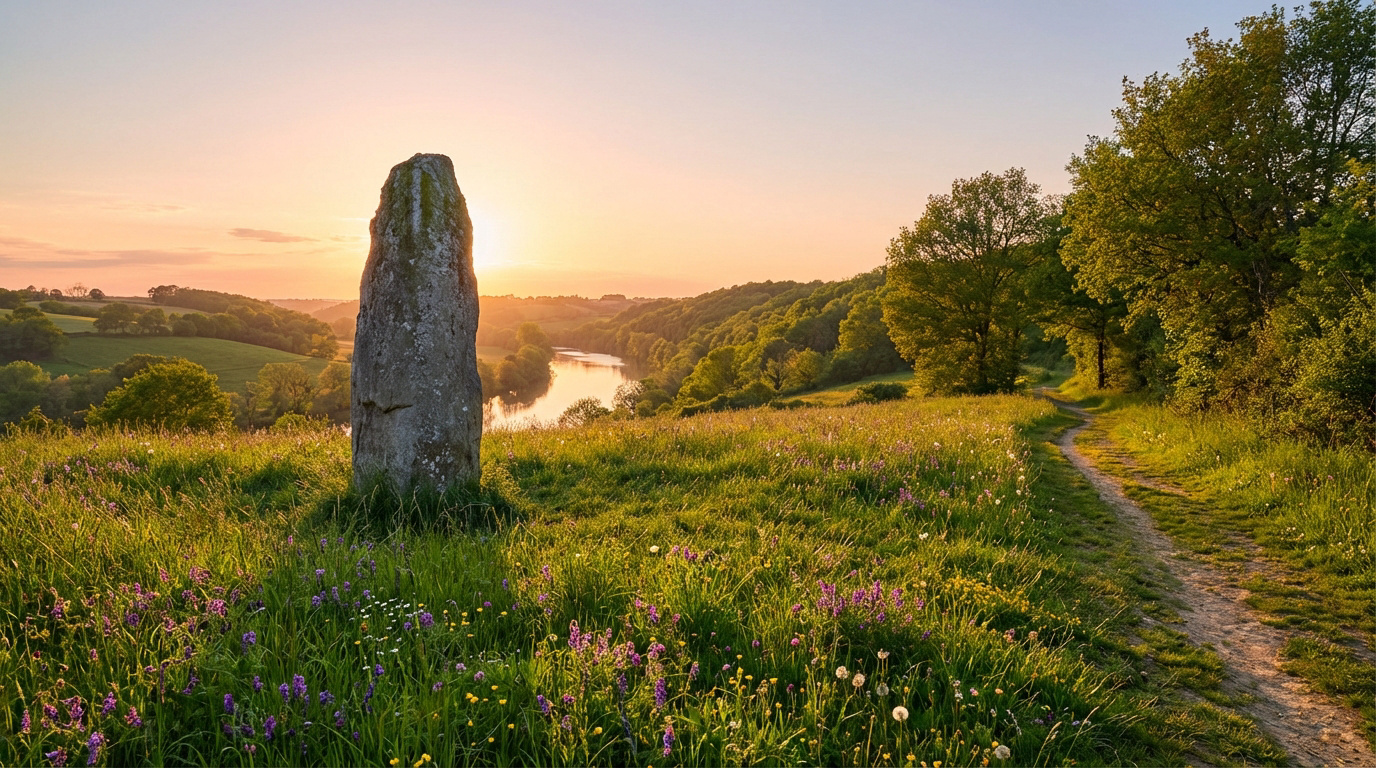 Menhir imposant dans un champ fleuri au coucher du soleil, surplombant une rivière entourée de collines verdoyantes. Un chemin boisé mène vers l'horizon.