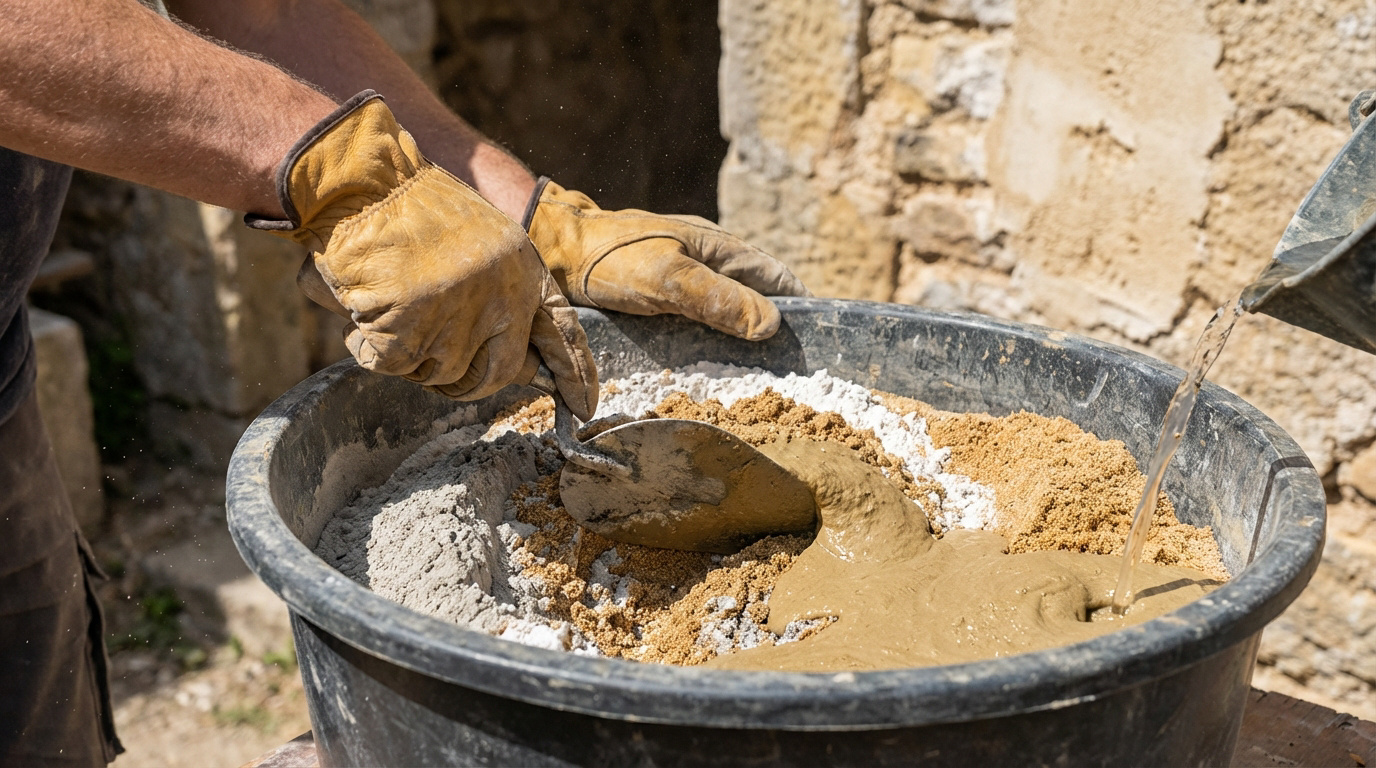 Gros plan sur des mains gantées mélangeant sable, chaux et ciment dans un seau noir. De l'eau est versée, créant un mortier humide.