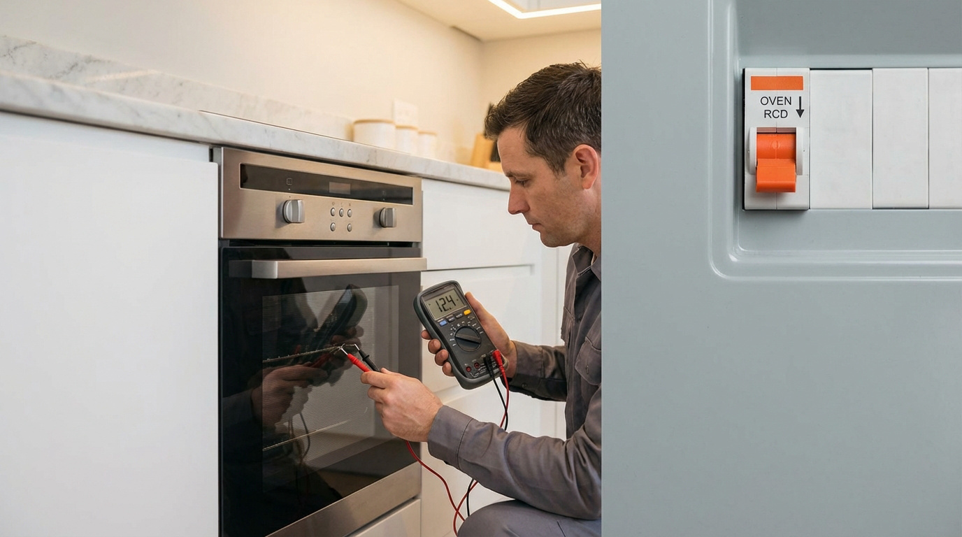 Un électricien utilise un multimètre pour diagnostiquer un four en panne, pendant qu'un disjoncteur différentiel est déclenché.