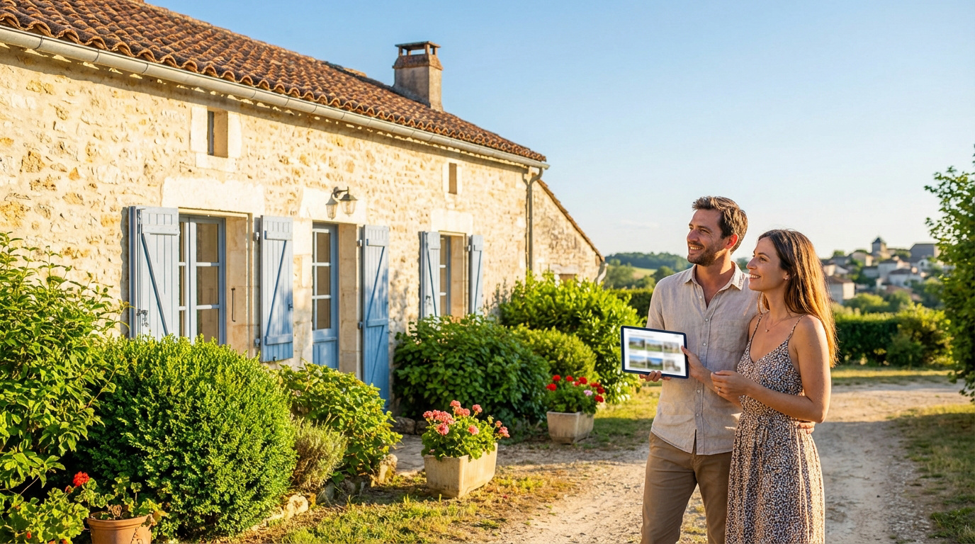 Couple souriant tenant une tablette devant une maison en pierre aux volets bleus, village français en arrière-plan.