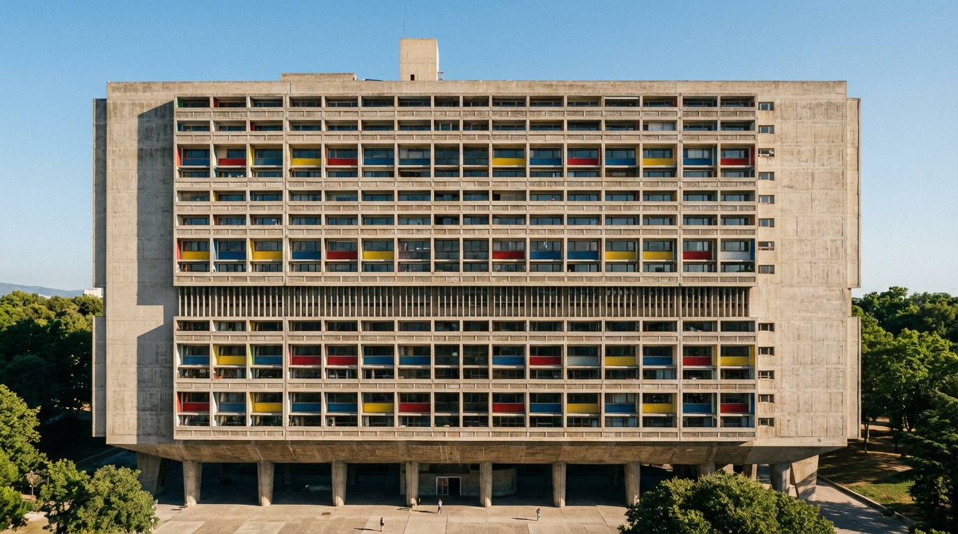 Façade monumentale de l'Unité d'habitation de Le Corbusier, béton brut, loggias colorées (rouge, jaune, bleu) sous ciel bleu.