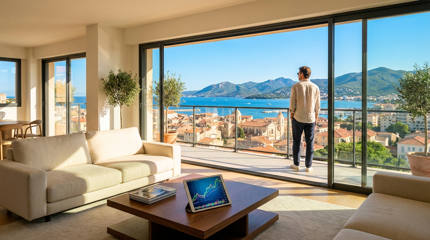 Un homme contemple la baie d'Ajaccio depuis le balcon d'un appartement lumineux. Salon moderne, vue sur mer et montagnes.