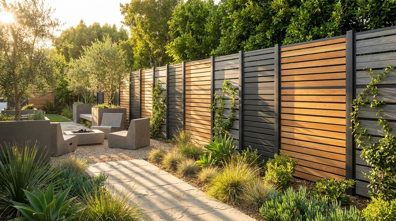 Jardin contemporain avec clôture à claire-voie en lattes de bois clair et anthracite, mobilier en béton, et végétation.