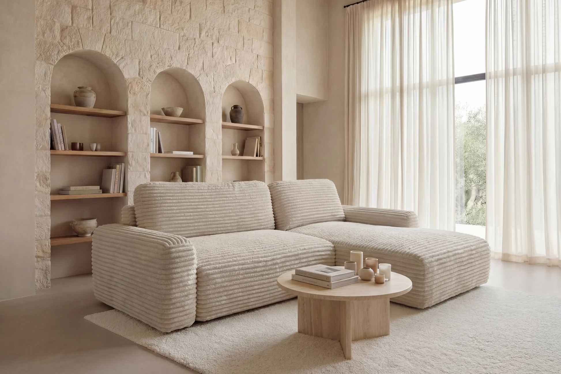 canapé d'angle beige méridienne salon lumineux