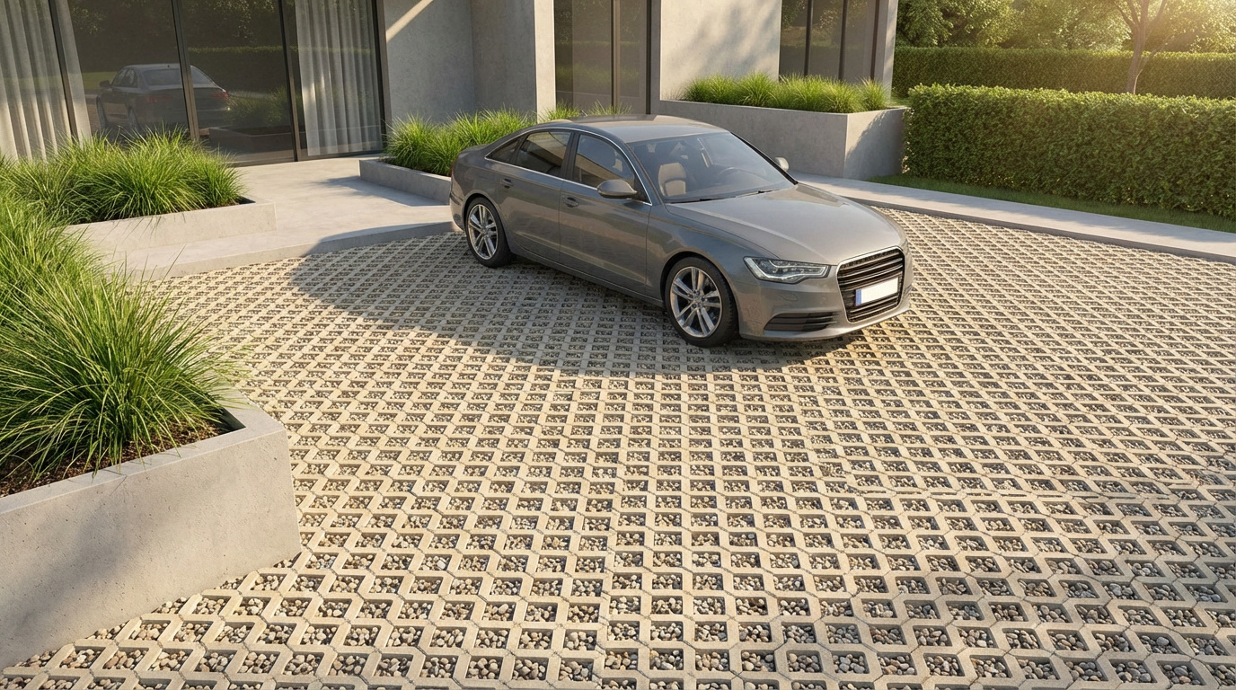 Une voiture grise garée sur une allée en gravier stabilisé Nidagravel devant une maison moderne, entourée de végétation.