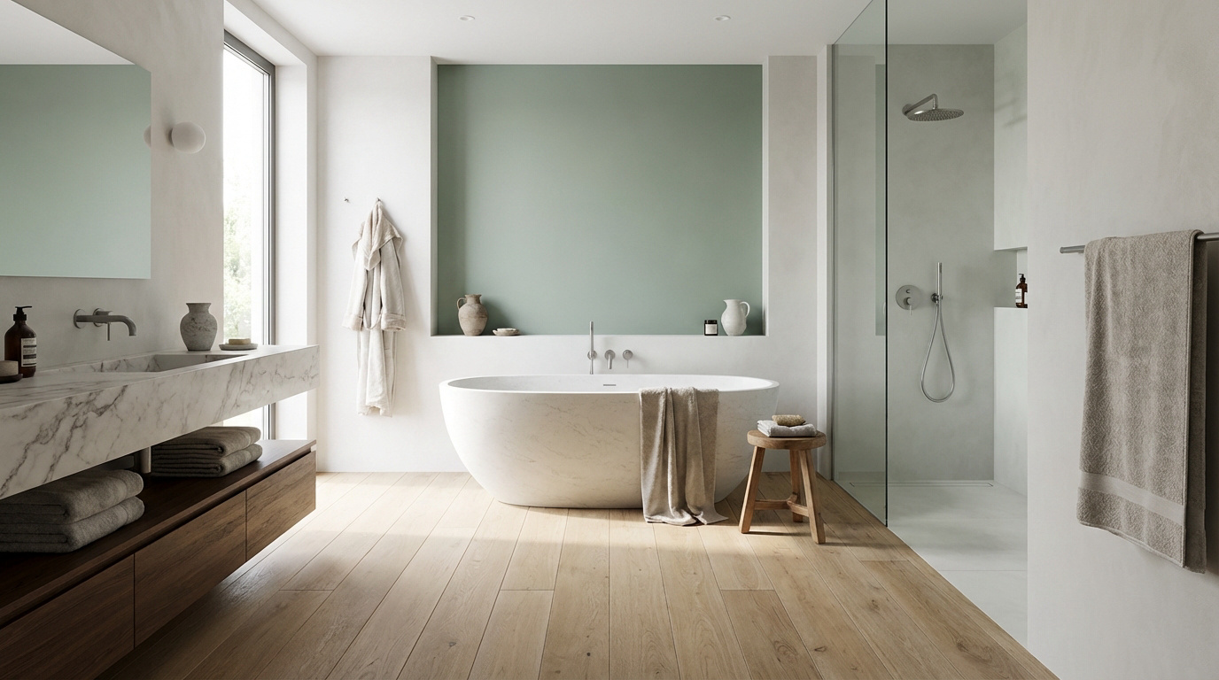 Salle de bain moderne aux tons clairs : baignoire îlot, douche à l'italienne, meuble vasque en marbre, mur vert d'eau.