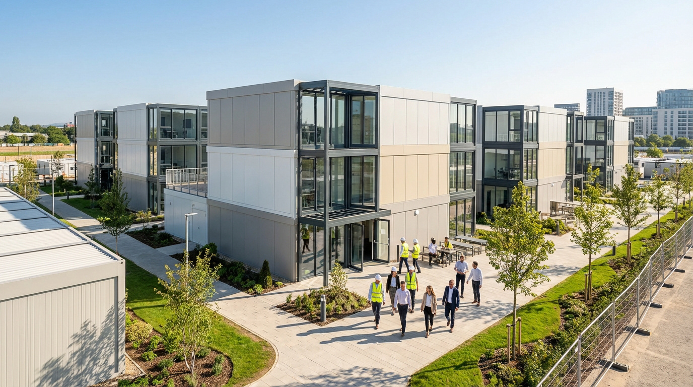 Vue aérienne de bâtiments modulaires modernes à plusieurs étages avec des personnes, allées et verdure. Ciel bleu clair.