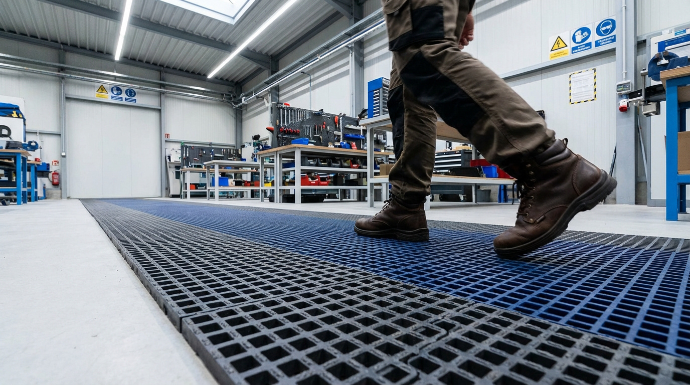 Personne en bottes marchant sur un caillebotis plastique gris et bleu dans un atelier moderne avec établis.