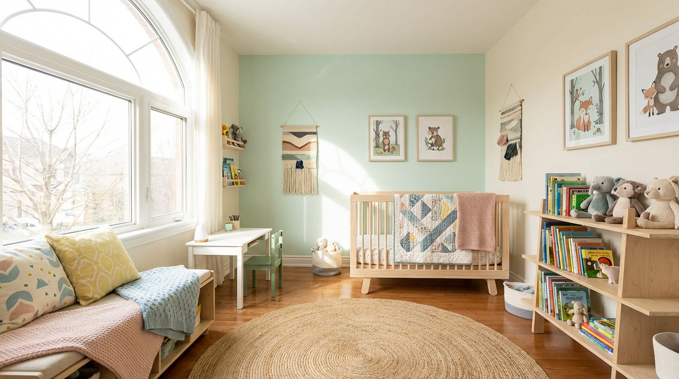 Chambre d'enfant lumineuse et apaisante. Berceau en bois clair, coin lecture, étagère de livres et décorations murales.