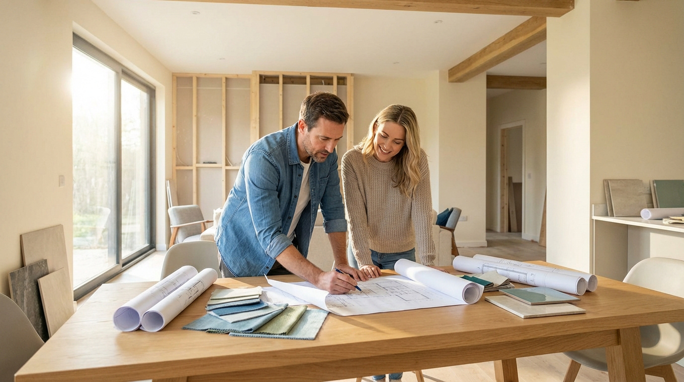 Un couple souriant examine des plans d'architecte et des échantillons de matériaux sur une table dans une maison en rénovation.
