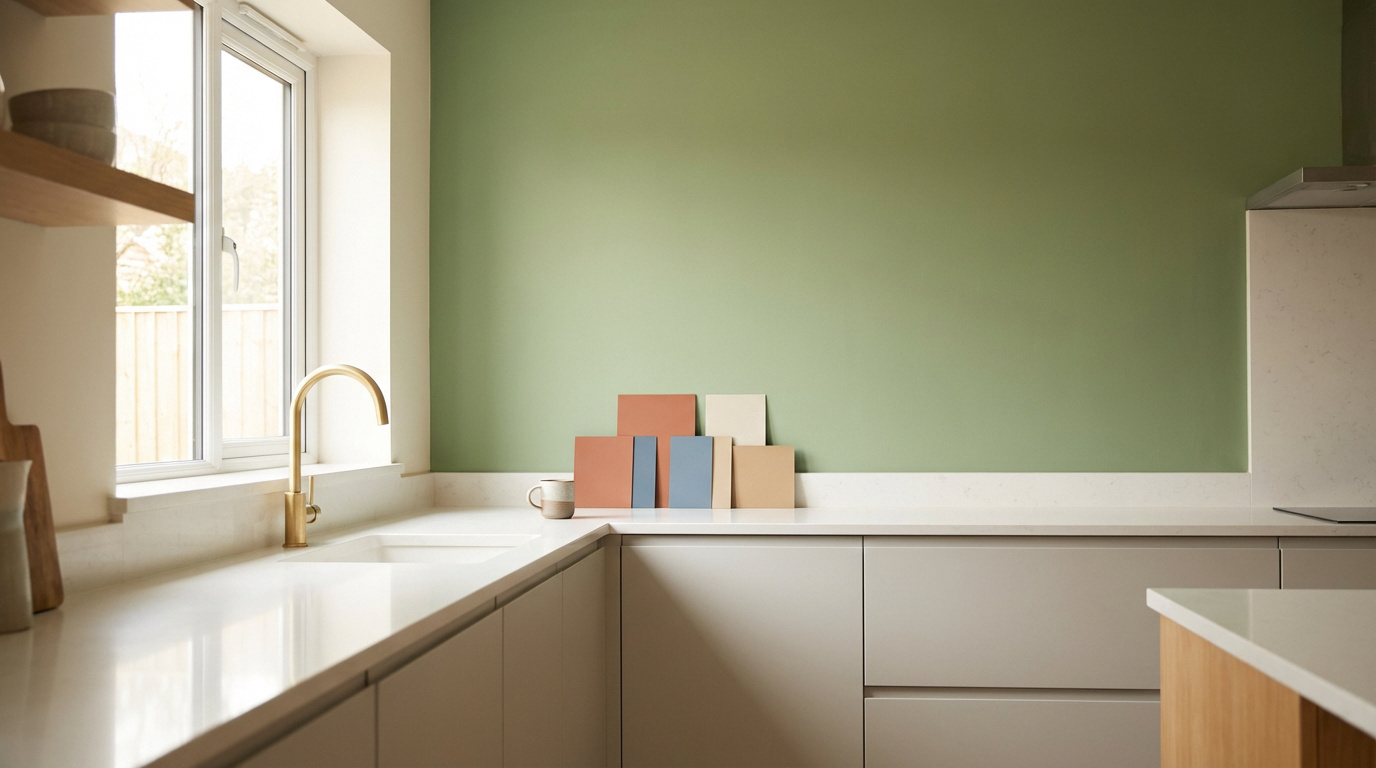 Cuisine moderne avec un mur vert sauge, des meubles gris clair et un plan de travail blanc. Des échantillons de couleurs variés sont posés sur le comptoir près d'un évier avec robinet doré.