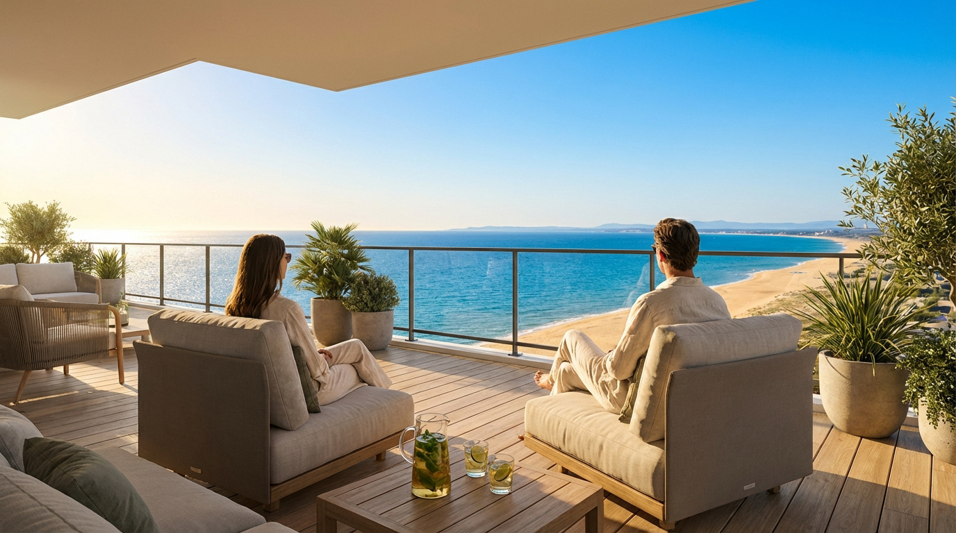Couple se détendant sur un grand balcon moderne avec vue panoramique sur la Méditerranée et la plage de Canet-en-Roussillon.
