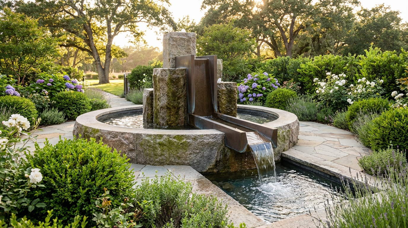 Fontaine de jardin moderne en pierre et métal, l'eau coule. Entourée de fleurs (hortensias, roses) et de verdure, sous la lumière du soleil couchant.