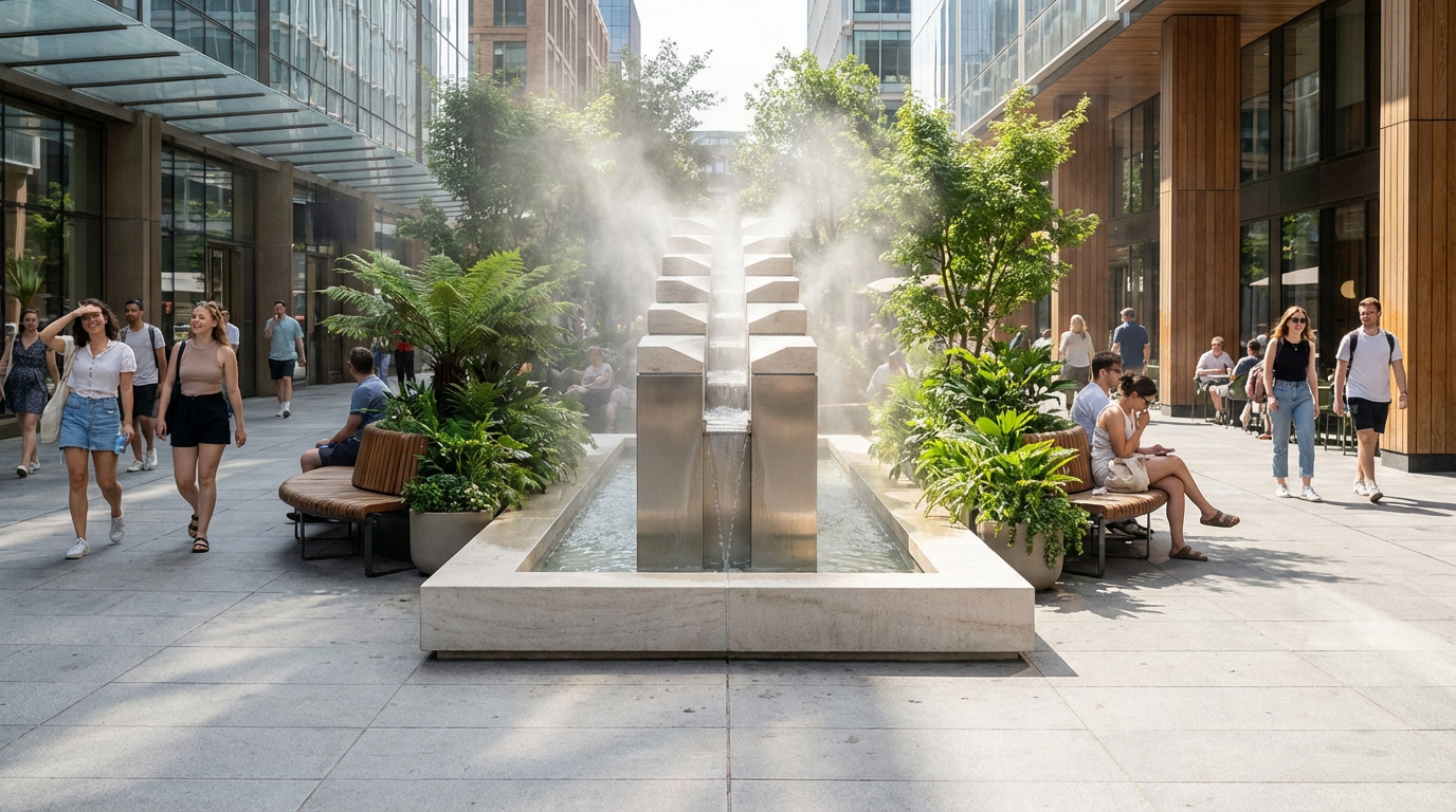 Fontaine moderne en inox et pierre dans une place urbaine animée. De la brume s'élève, entourée de verdure et de passants.