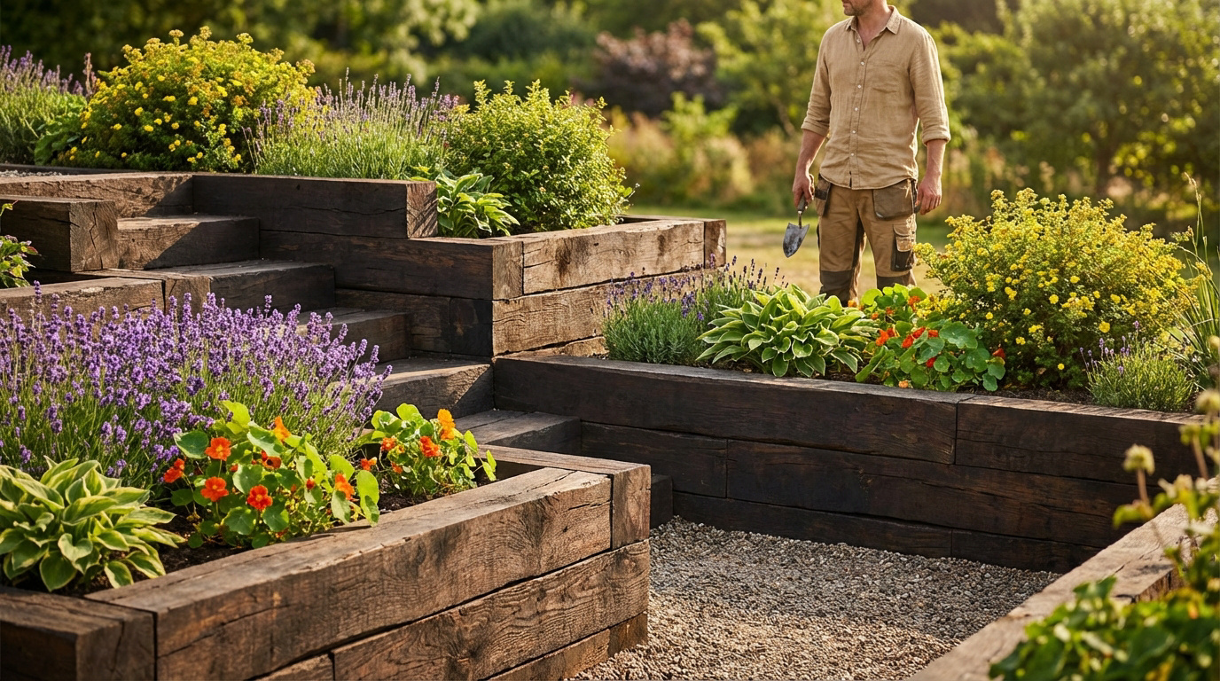 Jardinier debout dans un jardin en terrasses avec des parterres surélevés en traverses de bois foncées et diverses plantes colorées.