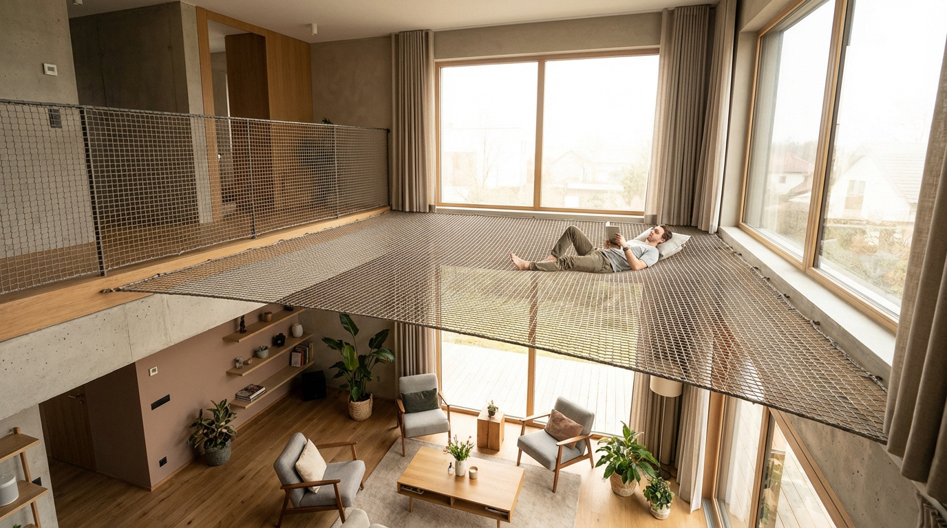 Homme lisant sur un grand filet mezzanine suspendu dans un salon moderne et lumineux, avec vue sur l'extérieur.