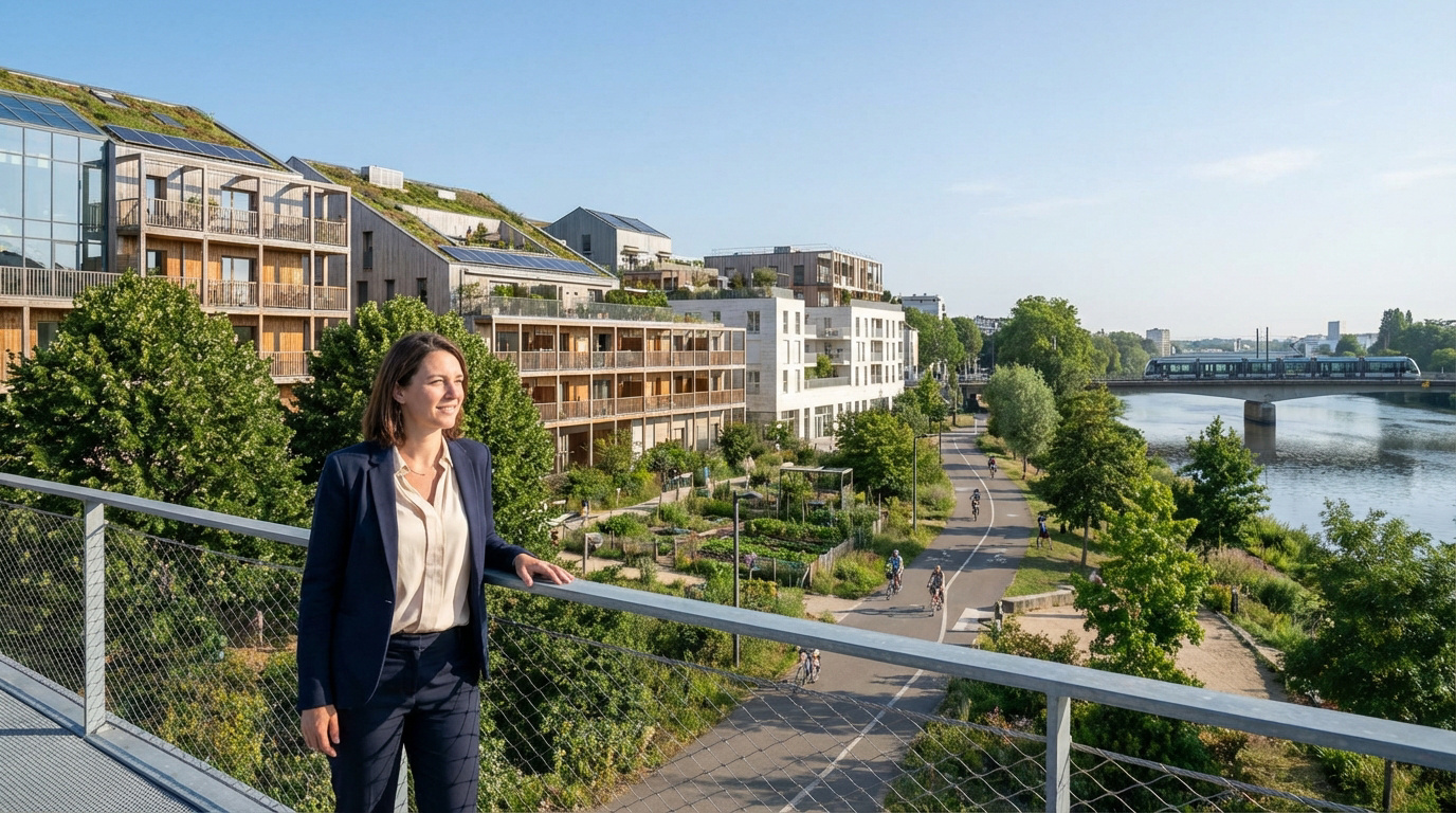 Johanna Rolland, souriante, devant un paysage urbain durable à Nantes: immeubles verts, jardins, piste cyclable, tram sur la Loire.