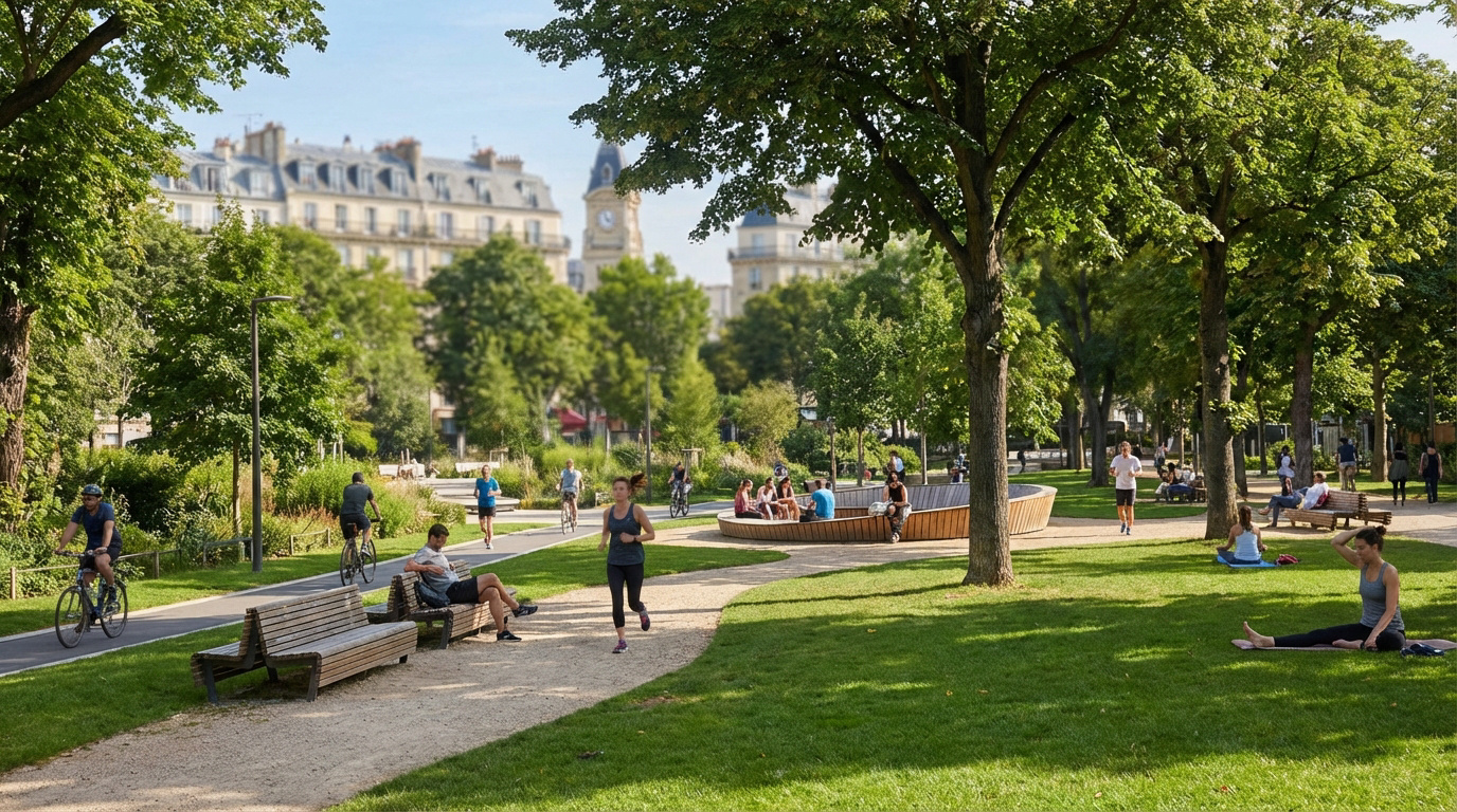 Parc urbain animé avec cyclistes, coureurs, et personnes se détendant sur bancs et herbe. Arbres verts et bâtiments en fond.