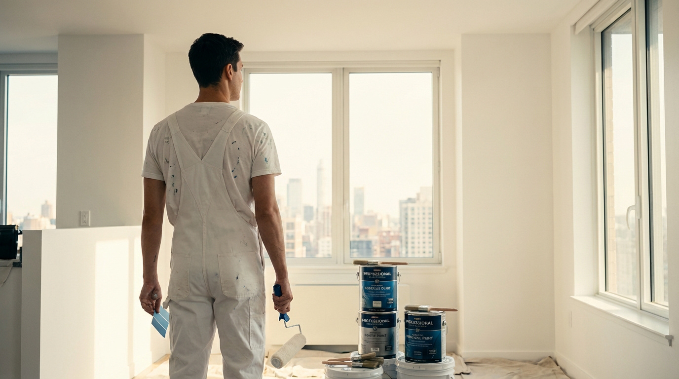 Un peintre en bâtiment, dos tourné, regarde une ville par la fenêtre, tenant un nuancier et un rouleau près de pots de peinture.